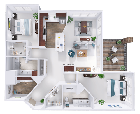 Floor plan for 2 beds, 2 baths, 1341 sqft